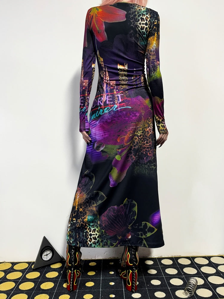 Leopard & Floral Print Long Sleeve A-Line Flare Dress【s0000011780】