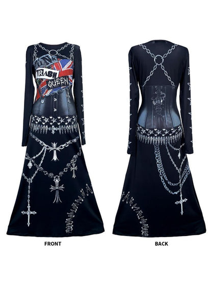 Punk Cross & Chain Motif  Print Long Sleeve Dress【s0000011779】