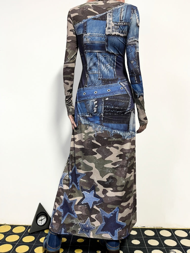 Camouflage & Denim Look Patchwork Long Sleeve Dress【s0000011778】