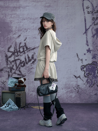 Graffiti Print Fake Layered Frill Drawstring Dress【s0000011930】