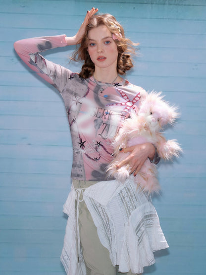 Star Digital Print Long Sleeve Numbering T-Shirt【s0000011760】