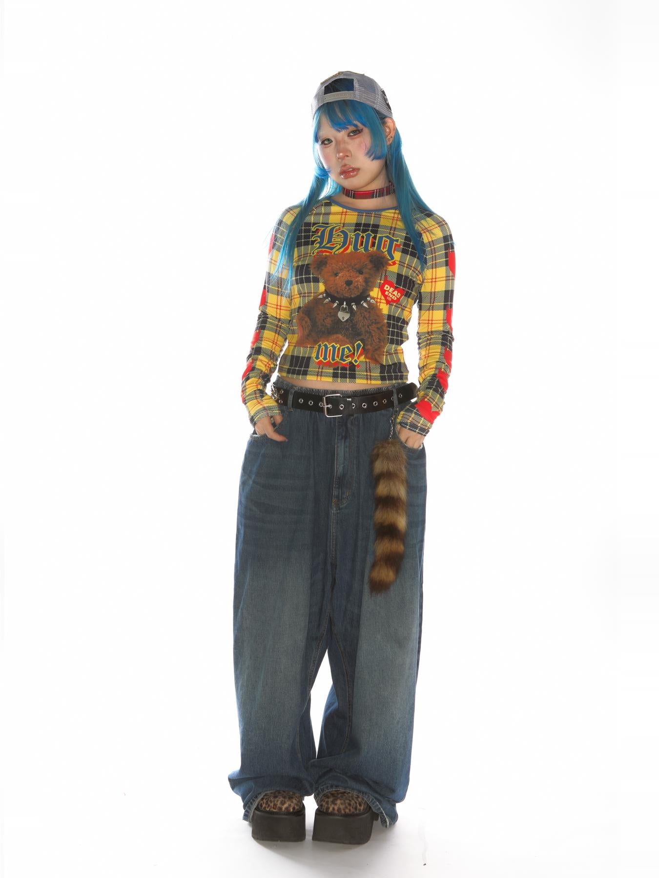 Teddy Bear Graphic Check Long Sleeve Cropped T-Shirt【s0000011777】