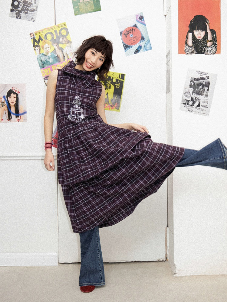 Plaid Embroidery Sleeveless Tiered Long Dress【s0000011898】