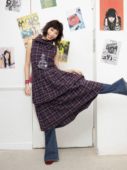 Plaid Embroidery Sleeveless Tiered Long Dress【s0000011898】