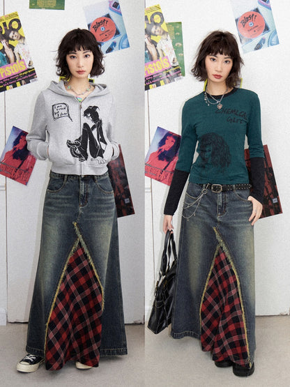 Front Slit Denim Checked A-Line Skirt【s0000011905】