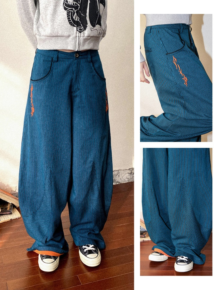 Orange Embroidered Striped Loose Banana Pants【s0000011901】