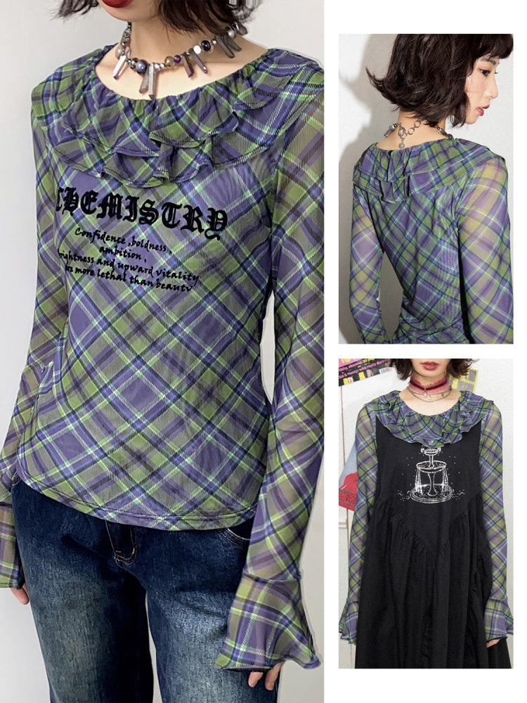 Chemistry Message Print Ruffle Check Long Sleeve T-Shirt【s0000011899】