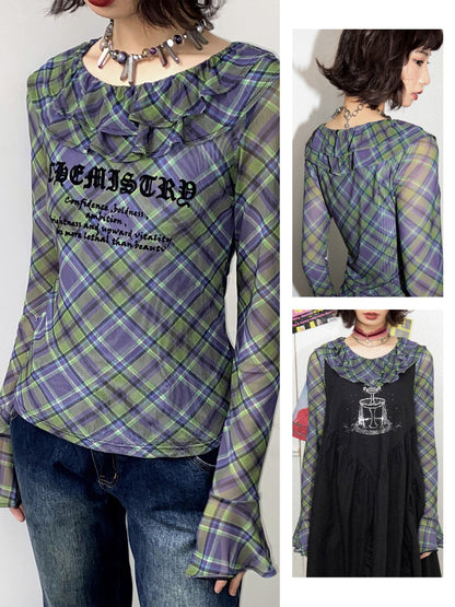Chemistry Message Print Ruffle Check Long Sleeve T-Shirt【s0000011899】