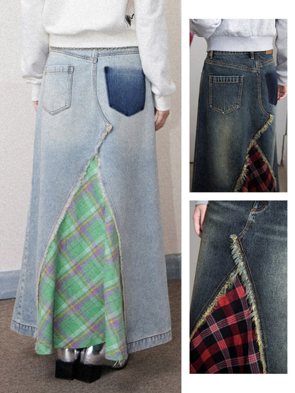 Front Slit Denim Checked A-Line Skirt【s0000011905】