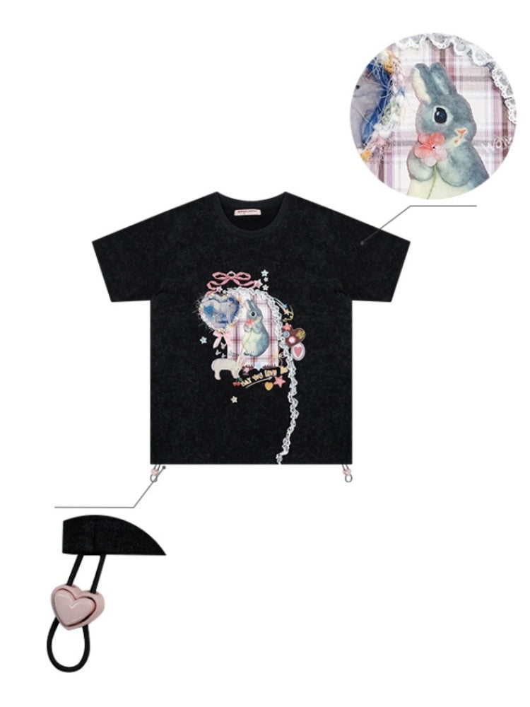 Rabbit Print Three Dimensional Lace Loose Crew Neck Short Sleeve T-Shirt【s0000011755】