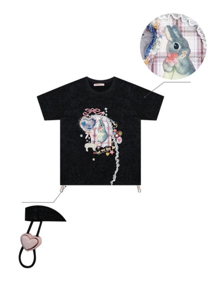 Rabbit Print Three Dimensional Lace Loose Crew Neck Short Sleeve T-Shirt【s0000011755】