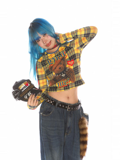 Teddy Bear Graphic Check Long Sleeve Cropped T-Shirt【s0000011777】