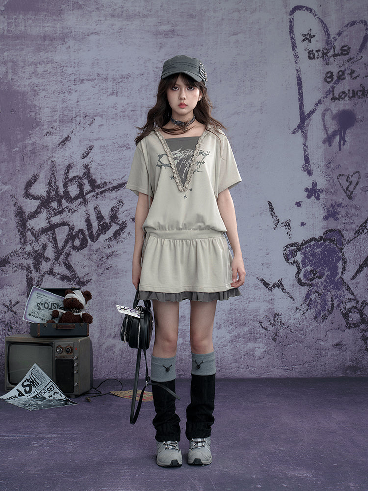 Graffiti Print Fake Layered Frill Drawstring Dress【s0000011930】
