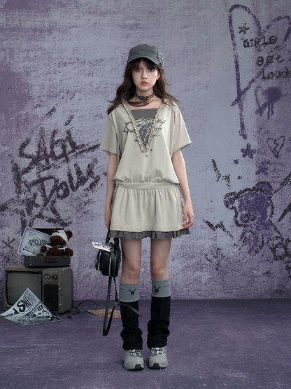Graffiti Print Fake Layered Frill Drawstring Dress【s0000011930】