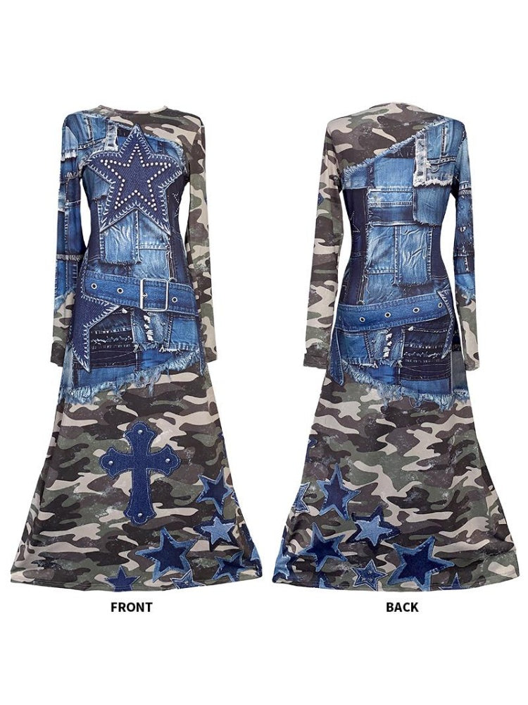 Camouflage & Denim Look Patchwork Long Sleeve Dress【s0000011778】