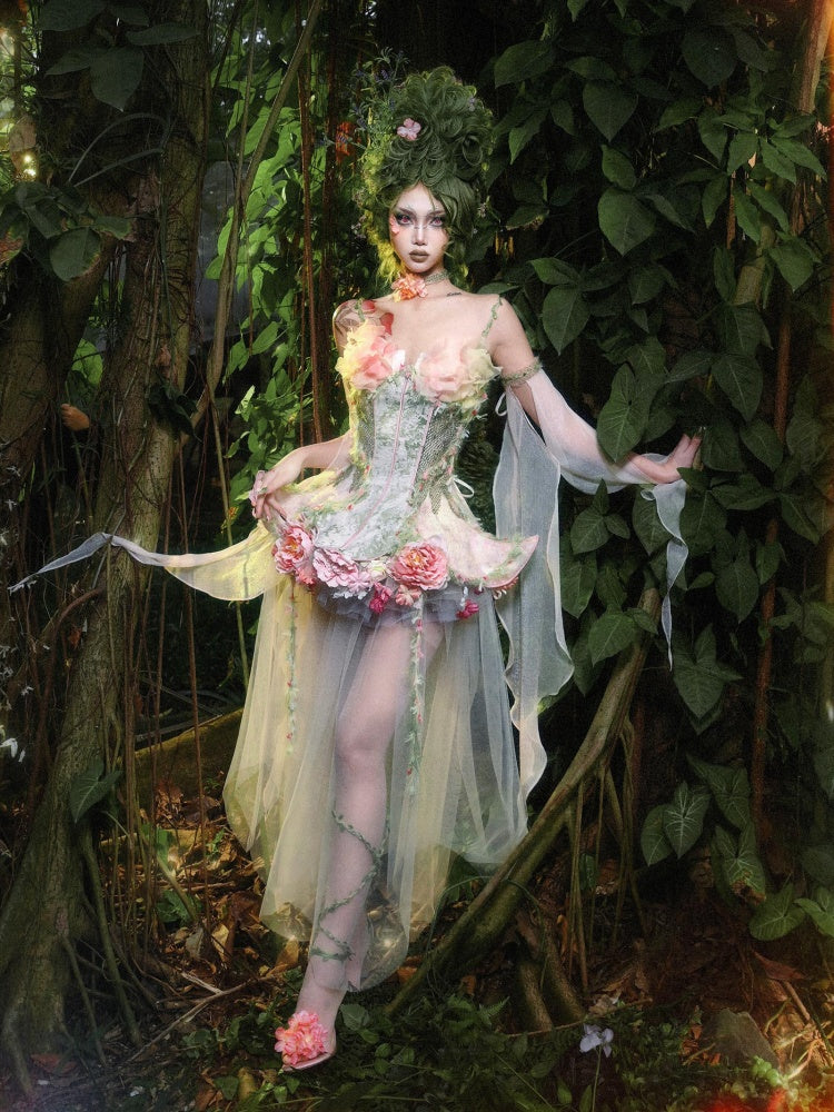 Forest Fairy Floral Lace Corset Dress 4-iece Set【s0000011761】