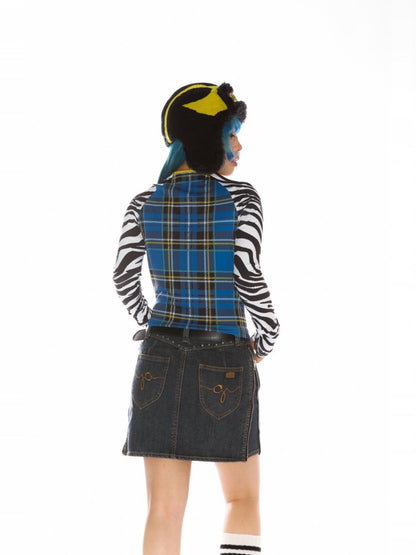 College Style Zebra & Check Print Long Sleeve Cropped T-Shirt【s0000011786】