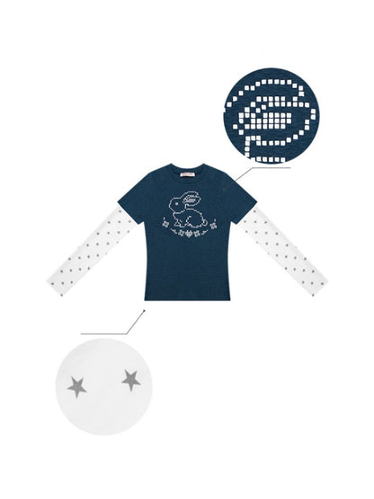 Rabbit & Star Print Fake Layering Long Sleeve T-Shirt【s0000011750】