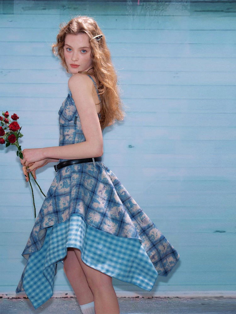 Asymmetric Hem Gingham Check Pattern Flare Camisole Dress【s0000011749】