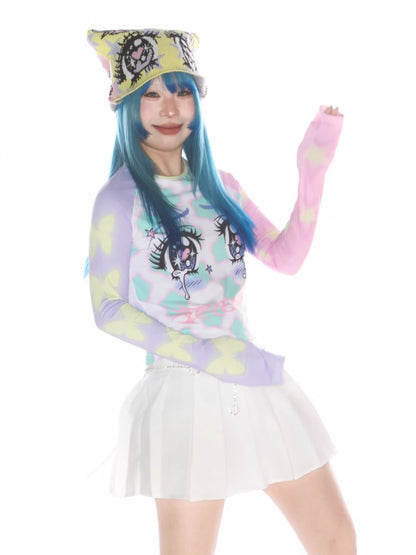 Comic Eye Two-Dimensional Subculture Star Color-Blocked Long Sleeve T-Shirt【s0000011789】