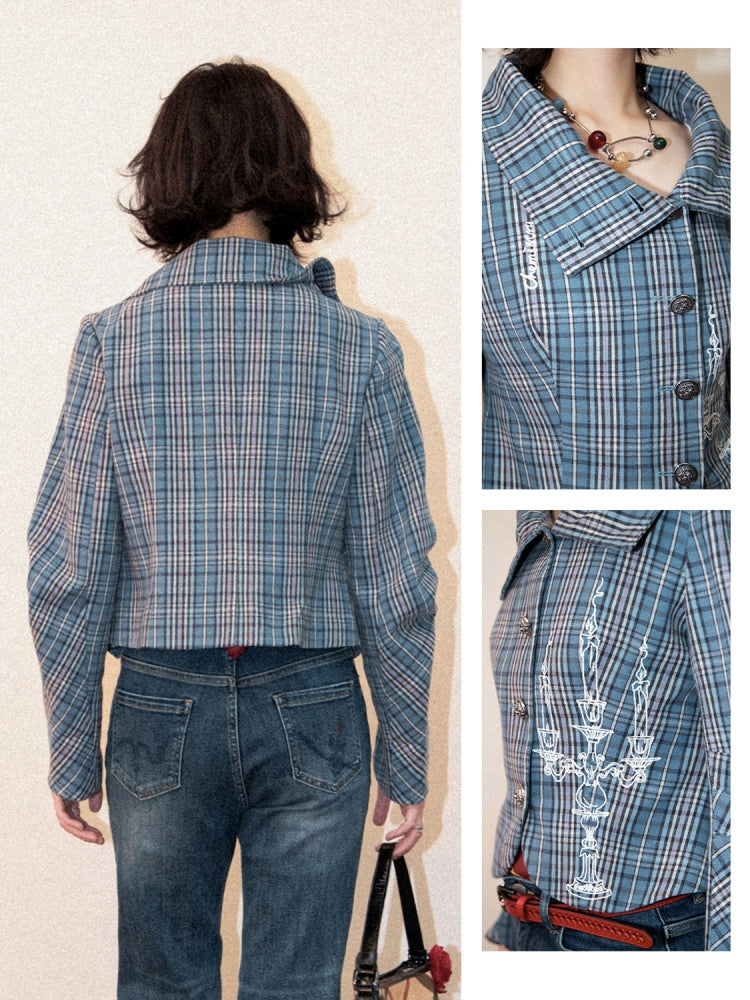 Candlesticks Embroidered Stacked Collar Plaid Short Jacket【s0000011909】