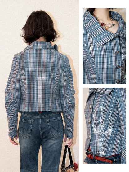 Candlesticks Embroidered Stacked Collar Plaid Short Jacket【s0000011909】