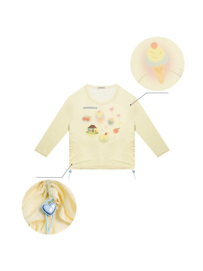 Drawstring Print Semi Sheer Loose V-Neck Long Sleeved T-Shirt【s0000011751】