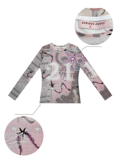 Star Digital Print Long Sleeve Numbering T-Shirt【s0000011760】