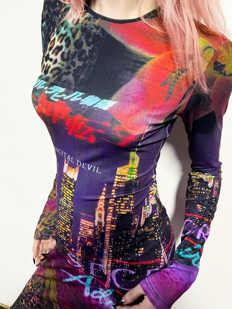 Leopard & Floral Print Long Sleeve A-Line Flare Dress【s0000011780】