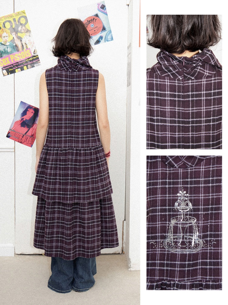Plaid Embroidery Sleeveless Tiered Long Dress【s0000011898】