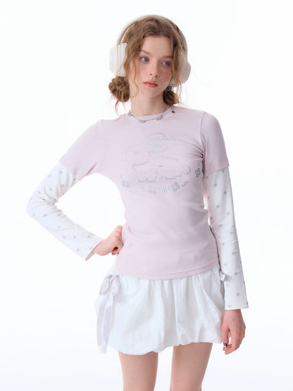 Rabbit & Star Print Fake Layering Long Sleeve T-Shirt【s0000011750】