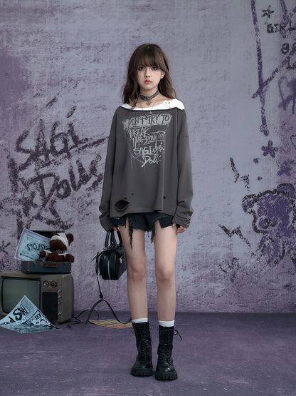 Distressed Hole Fake Two Long Sleeved Sweatshirt【s0000011923】