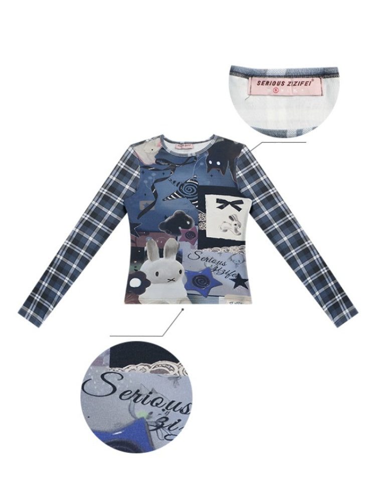 Animal Collage Print Glen Check Switch Slim Long Sleeved T-Shirt【s0000011752】
