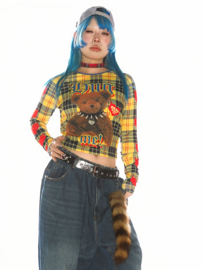 Teddy Bear Graphic Check Long Sleeve Cropped T-Shirt【s0000011777】