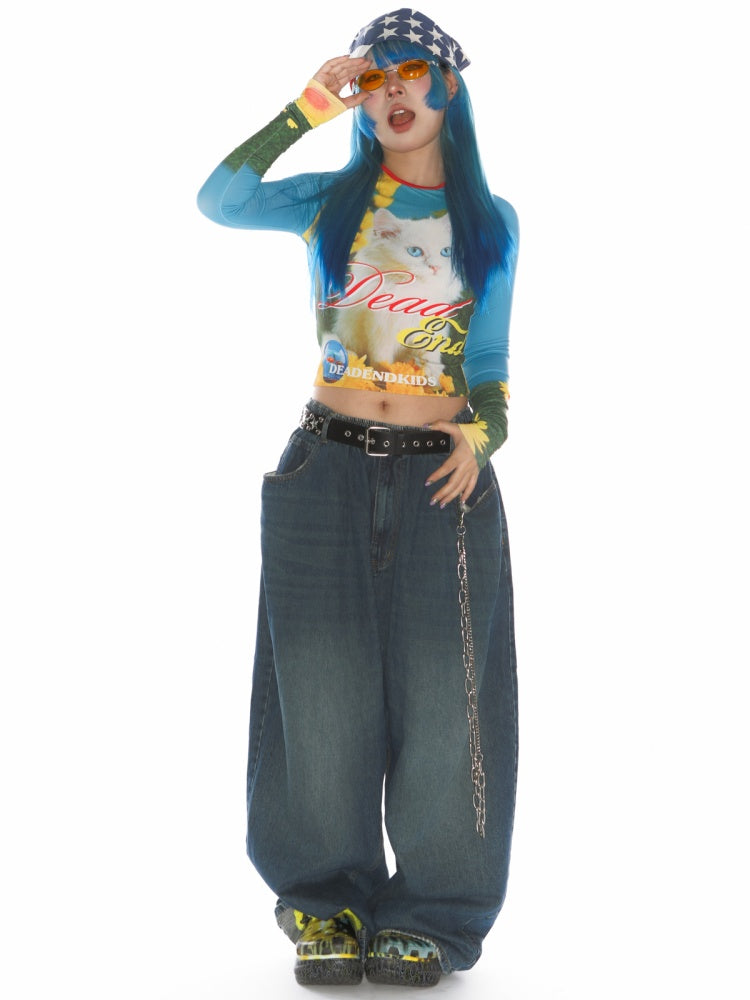 Cat Pattern Graphic Long sleeved Cropped T-Shirt【s0000011788】