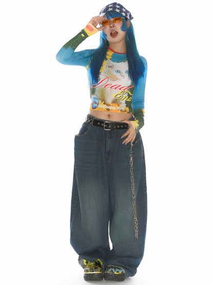 Cat Pattern Graphic Long sleeved Cropped T-Shirt【s0000011788】