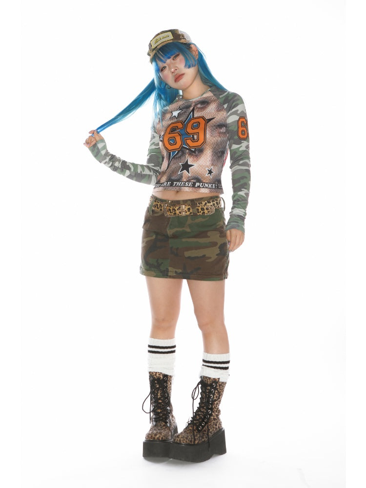 Camo Numbering Raglan Long Sleeve T-Shirt【s0000011787】