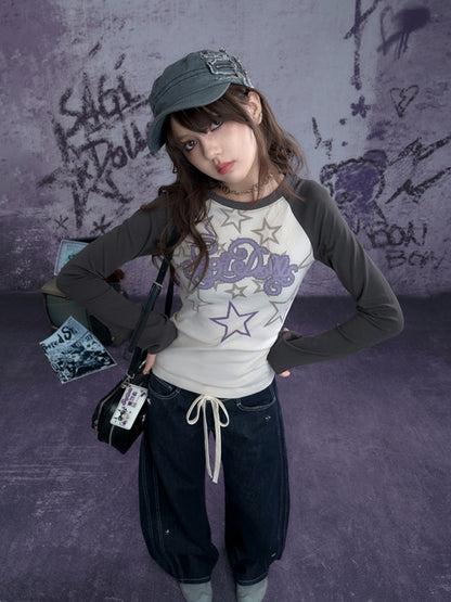 Star Print Raglan Shoulder Long Sleeve T-Shirt【s0000011929】