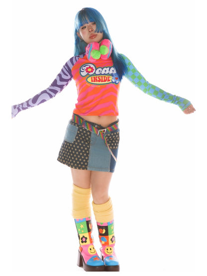 Y2K Dopamine Color Blocked Print Long sleeved T-Shirt【s0000011785】