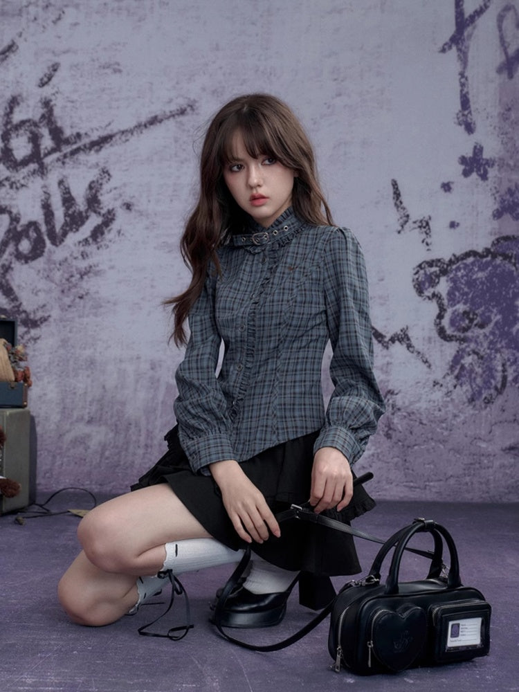 Stand collar Neck Belt Checkered Ruffle Long Sleeve Shirt【s0000011927】