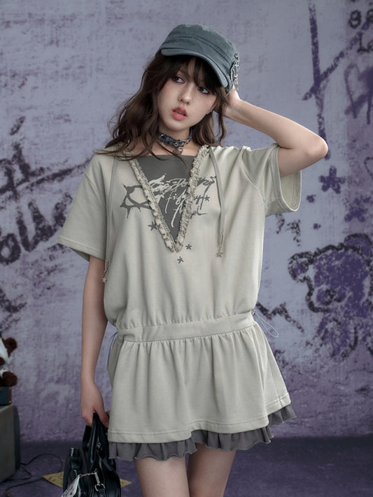Graffiti Print Fake Layered Frill Drawstring Dress【s0000011930】