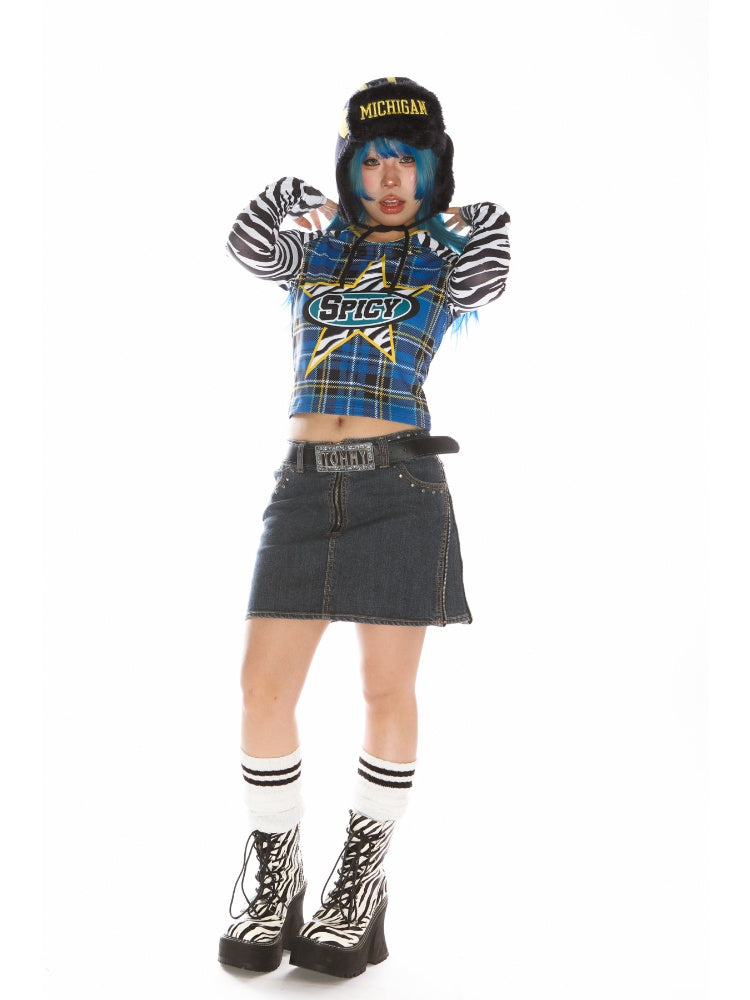 College Style Zebra & Check Print Long Sleeve Cropped T-Shirt【s0000011786】