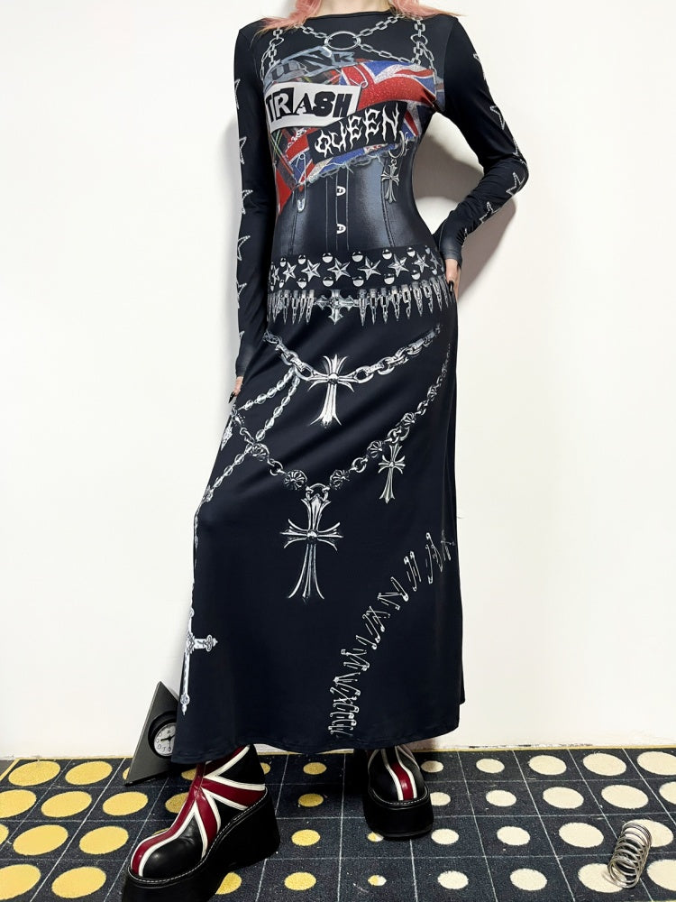 Punk Cross & Chain Motif  Print Long Sleeve Dress【s0000011779】