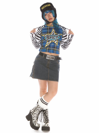 College Style Zebra & Check Print Long Sleeve Cropped T-Shirt【s0000011786】