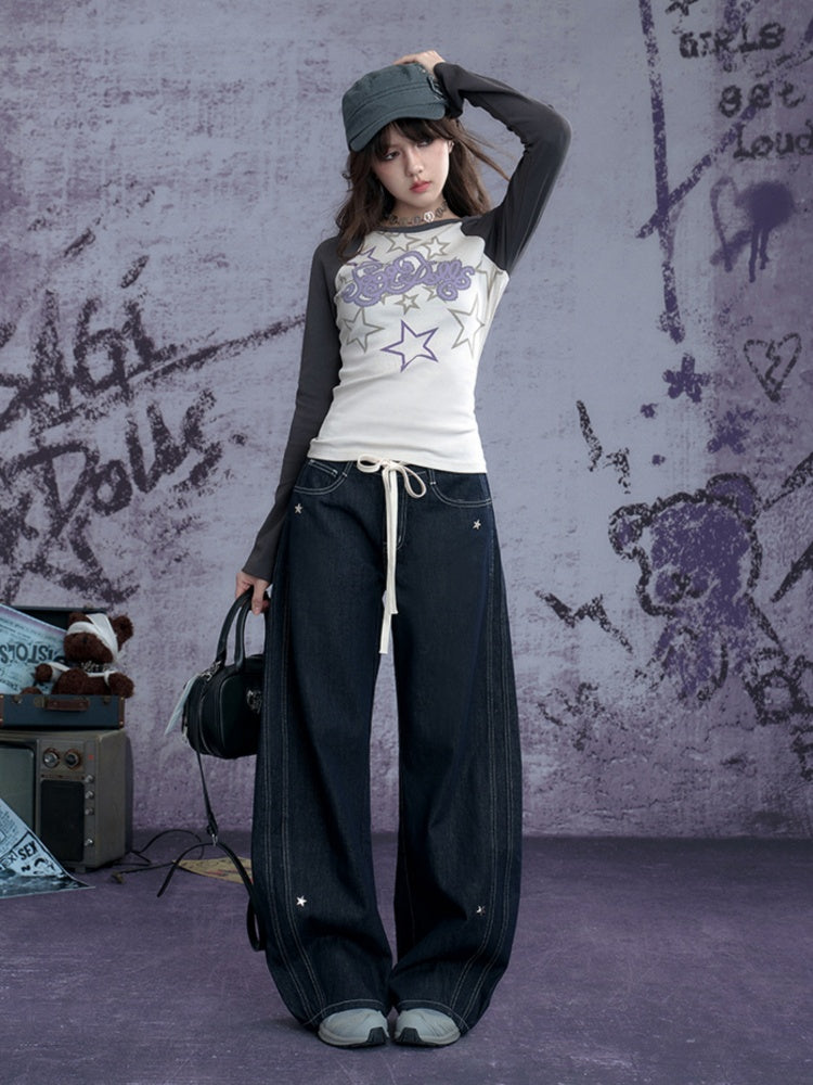 Star Print Raglan Shoulder Long Sleeve T-Shirt【s0000011929】