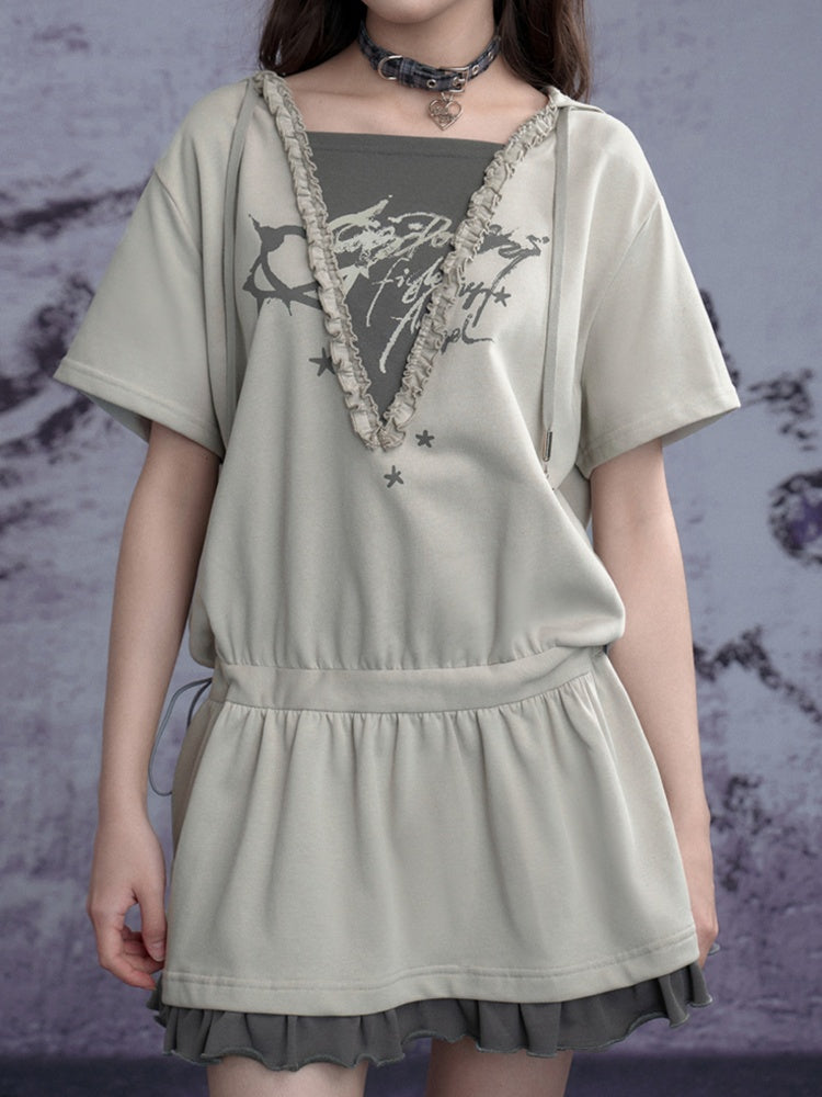Graffiti Print Fake Layered Frill Drawstring Dress【s0000011930】