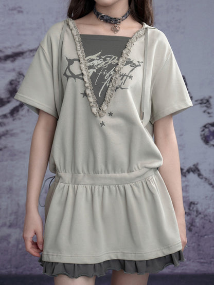 Graffiti Print Fake Layered Frill Drawstring Dress【s0000011930】