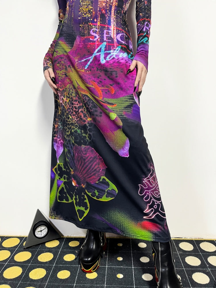 Leopard & Floral Print Long Sleeve A-Line Flare Dress【s0000011780】