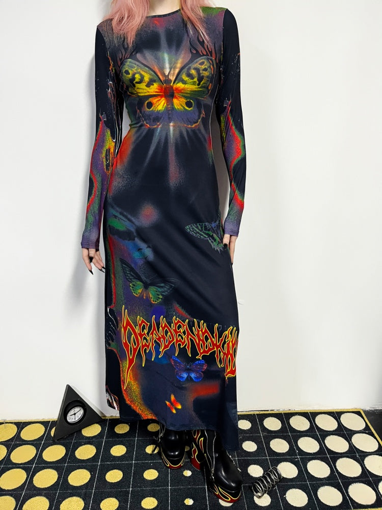 Butterfly Graphic Tight Fit Long Sleeve Dress【s0000011781】