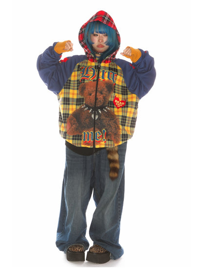 Punk Bear Panel Checked Pattern Raglan Sleeve Zip-Up Hoodie【s0000011791】